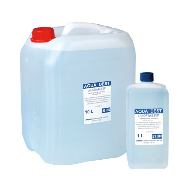 Aqua DEST Laborwasser, hergestellt durch Ionenaustausch-System in der 1000 ml Flasche oder im 5000 ml Kanister.